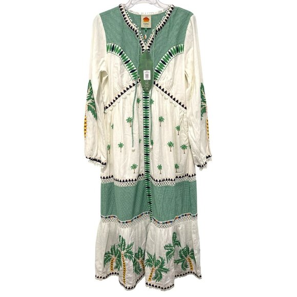 New Farm Rio $425 Embroidered Maxi Dress Palm Tree Long Sleeve Boho Medium - Picture 4 of 9